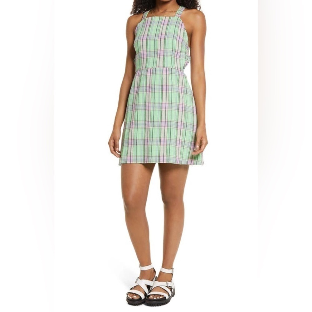 NWOT! PRINT SQUARE NECK COTTON MINIDRESS IN GREEN MULTI TWILL PLAID - SIZE XL